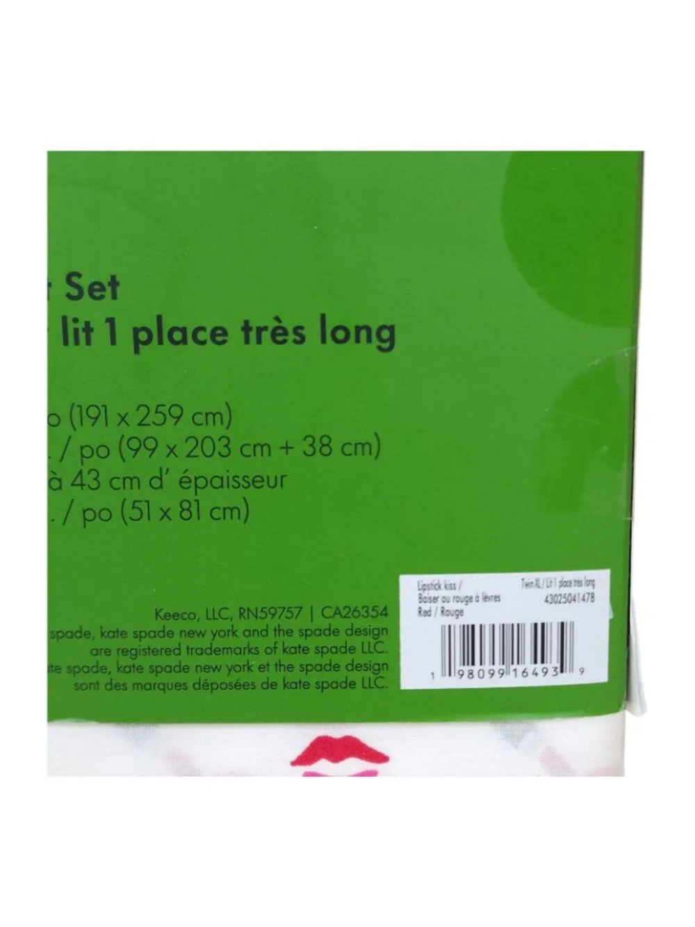 Kate Spade New York Twin XL 3-Piece Sheet Set Lipstick Kiss Print Black Red Pint